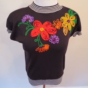 Vintage 80s Statement Knit Top | Ribbon Embroidery & Gem Accents | Retro Glam